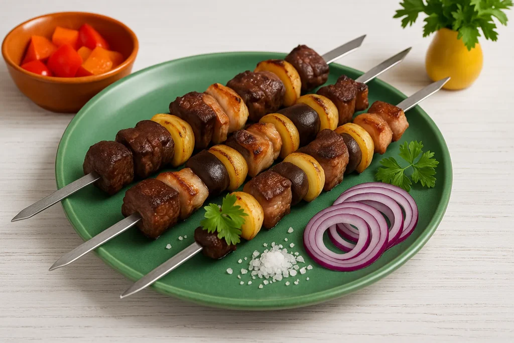  Grüner Keramikteller mit Schaschlykspießen aus Rindfleisch, Niere, Speck und Zwiebel, dekoriert mit Petersilie, roten Zwiebelringen, grobem Salz und Paprika auf weißem Holztisch.