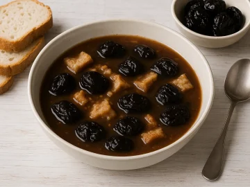 Backpflaumensuppe mit Backpflaumen, Zimt und Weißbrot im weißen Teller serviert