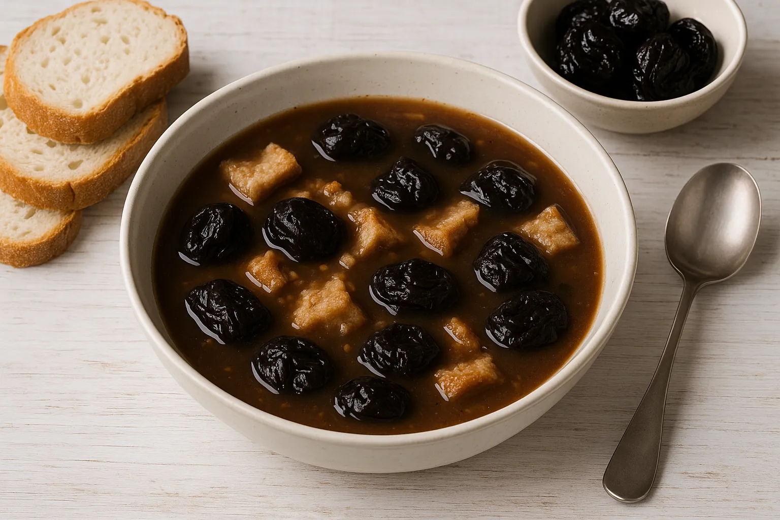 Backpflaumensuppe mit Backpflaumen, Zimt und Weißbrot im weißen Teller serviert