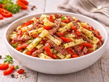 Balkan-Käse-Salat mit Käse, Salami und Paprika in moderner Salatschüssel auf hellem Holztisch