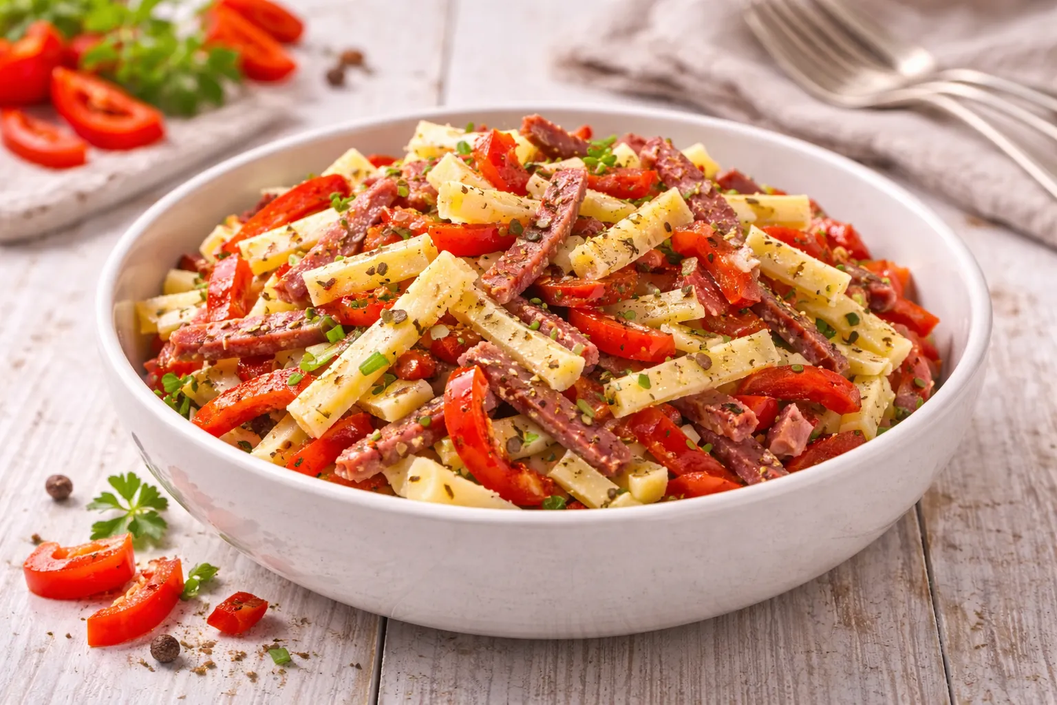 Balkan-Käse-Salat mit Käse, Salami und Paprika in moderner Salatschüssel auf hellem Holztisch