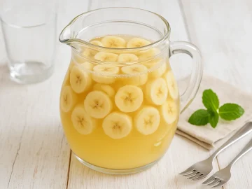 Glaskrug mit Bananenbowle, gefüllt mit Bananenscheiben, Weißwein und Sekt auf hellem Holzhintergrund