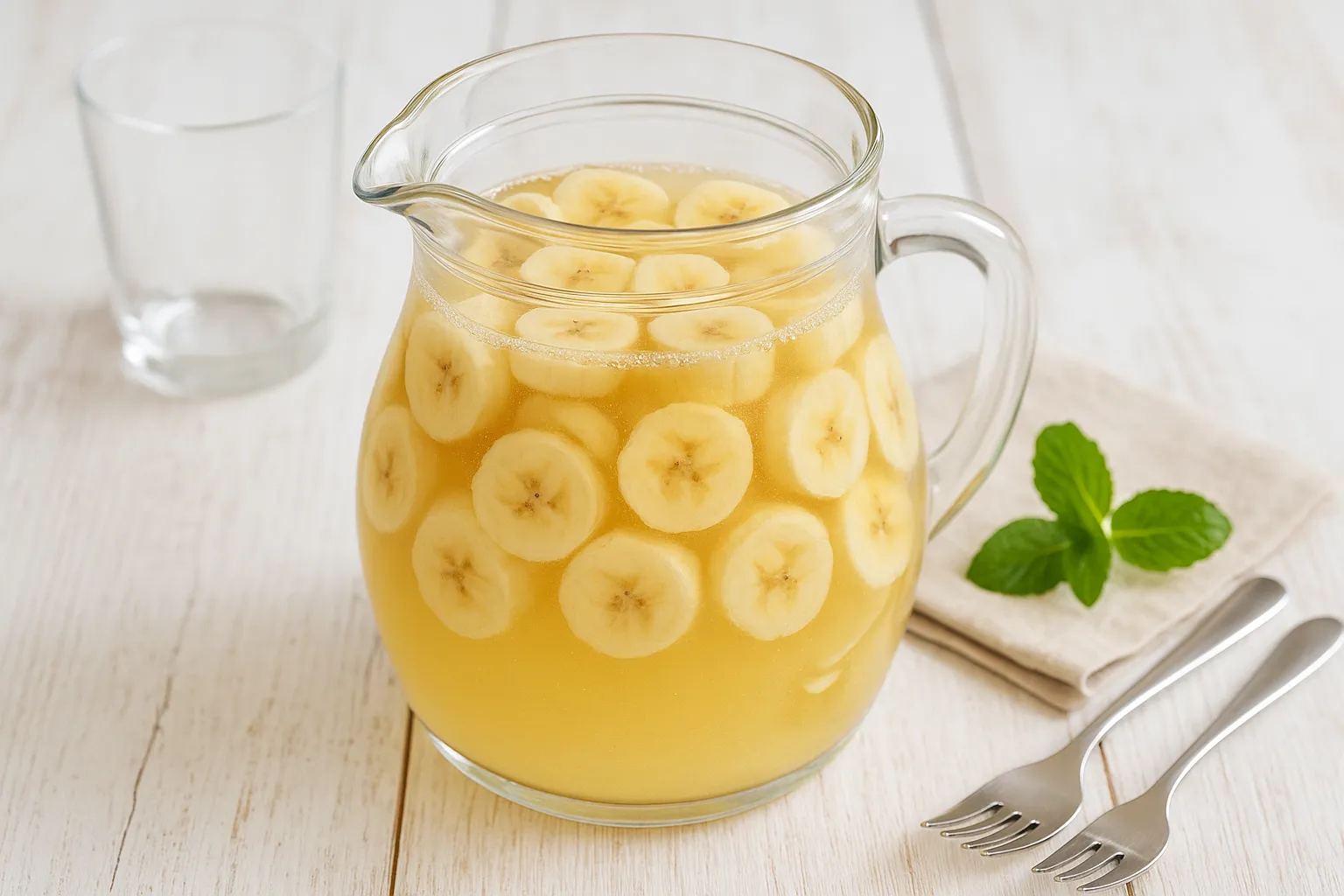 Glaskrug mit Bananenbowle, gefüllt mit Bananenscheiben, Weißwein und Sekt auf hellem Holzhintergrund