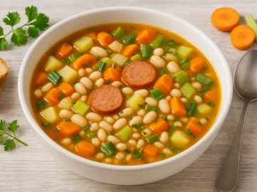 Baskische Suppe mit Kartoffeln, weißen Bohnen, Gemüse und Würstchen in weißer Schüssel auf hellem Holztisch mit Besteck und Deko