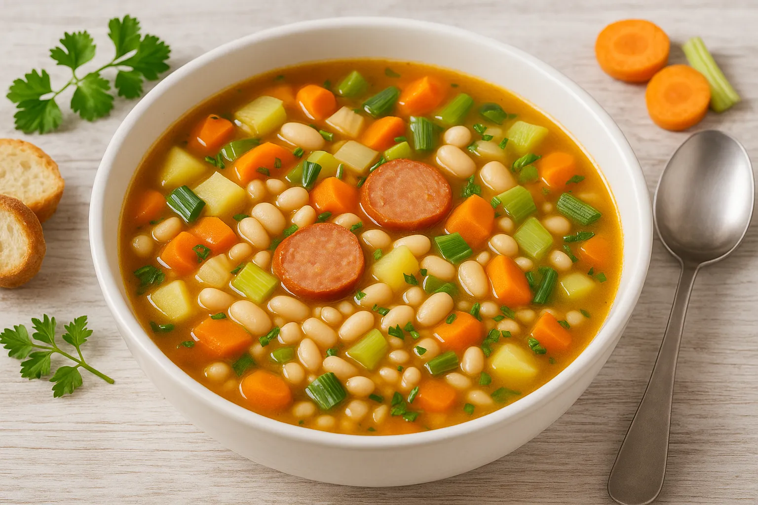 Baskische Suppe mit Kartoffeln, weißen Bohnen, Gemüse und Würstchen in weißer Schüssel auf hellem Holztisch mit Besteck und Deko