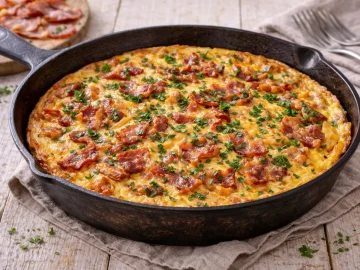 Bauernomelett mit Speck in rustikaler Pfanne auf hellem Holztisch