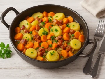 Rustikale Pfanne mit Bauerntopf aus Kartoffeln, Möhren, Speck und Zwiebeln, garniert mit frischer Petersilie