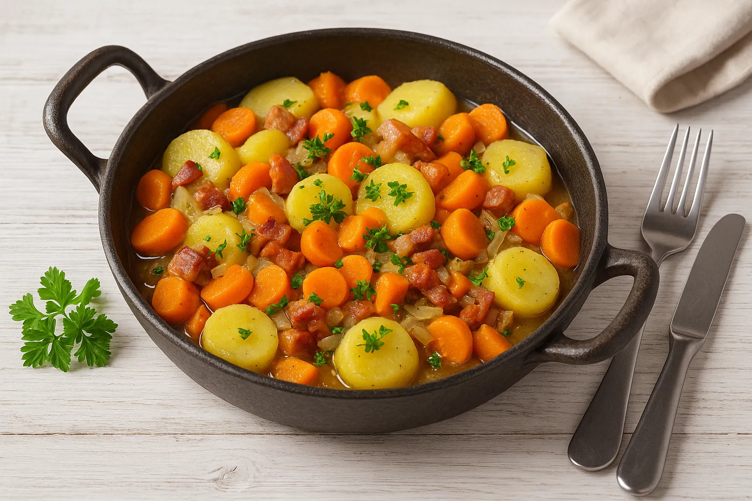 Rustikale Pfanne mit Bauerntopf aus Kartoffeln, Möhren, Speck und Zwiebeln, garniert mit frischer Petersilie