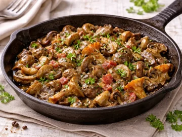 Geschmorte Mischpilze mit Speck und Zwiebeln in rustikaler Pfanne auf hellem Holztisch