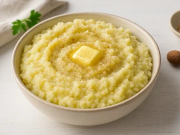 Rustikale Berliner Quetschkartoffeln in heller Schale auf weißem Holzhintergrund