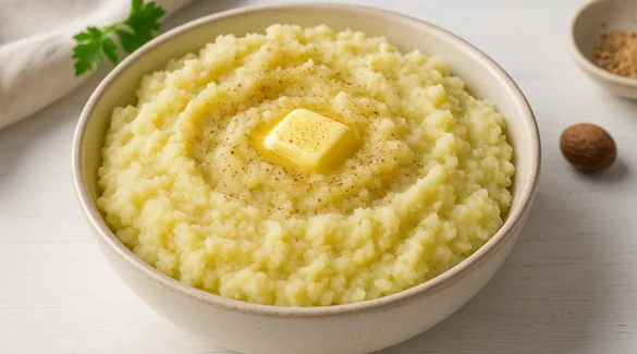 Rustikale Berliner Quetschkartoffeln in heller Schale auf weißem Holzhintergrund