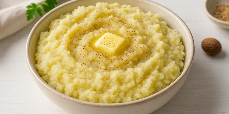 Rustikale Berliner Quetschkartoffeln in heller Schale auf weißem Holzhintergrund