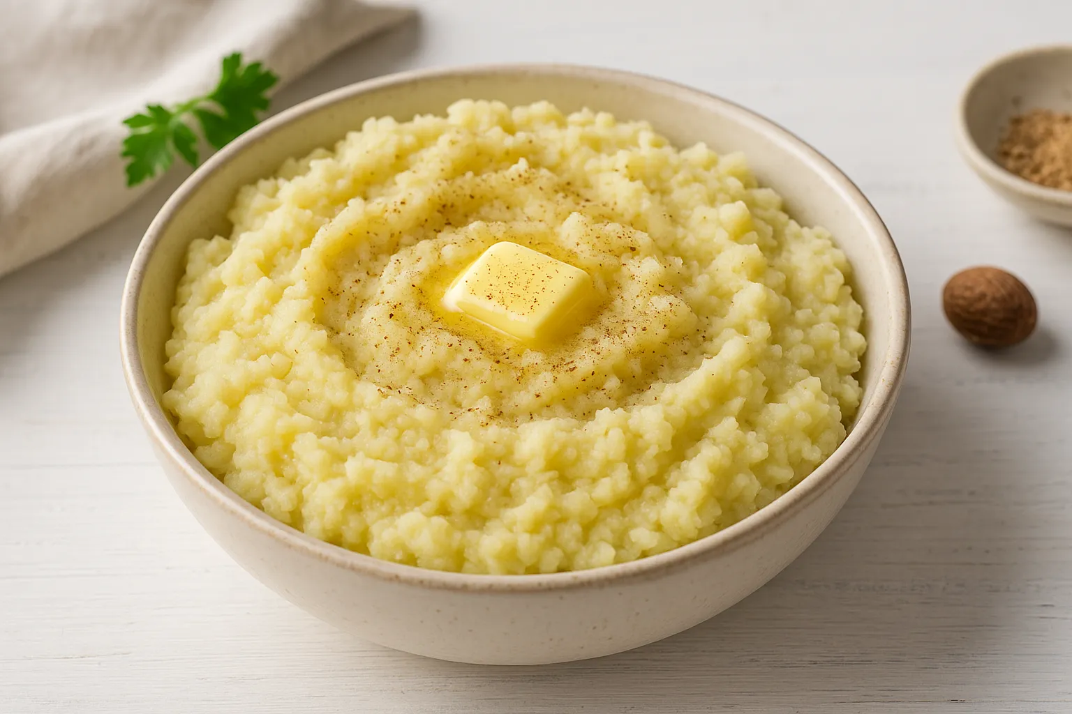 Rustikale Berliner Quetschkartoffeln in heller Schale auf weißem Holzhintergrund