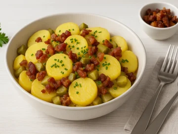 Berliner Specksalat mit Kartoffelscheiben, Speckwürfeln und Gurkenstücken in Schüssel auf weißem Holzhintergrund