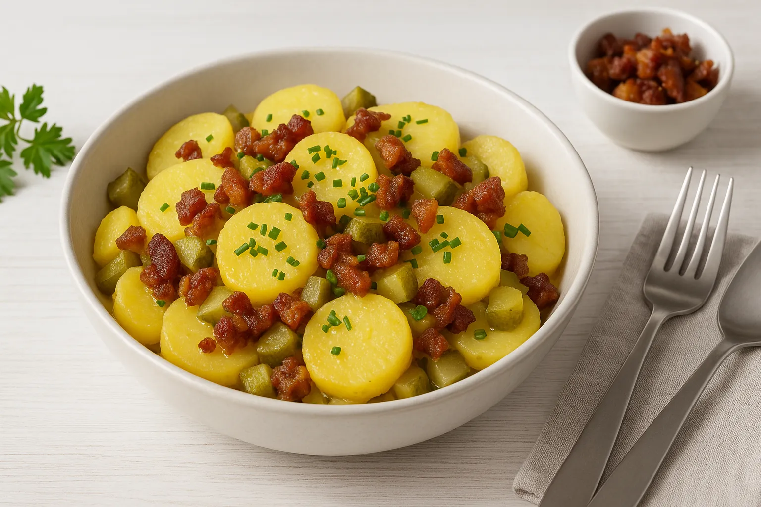 Berliner Specksalat mit Kartoffelscheiben, Speckwürfeln und Gurkenstücken in Schüssel auf weißem Holzhintergrund
