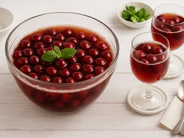 Bierbowle mit Sauerkirschen in einer großen Glasschale, dekoriert mit Minze und modernen Gläsern auf weißem Holztisch