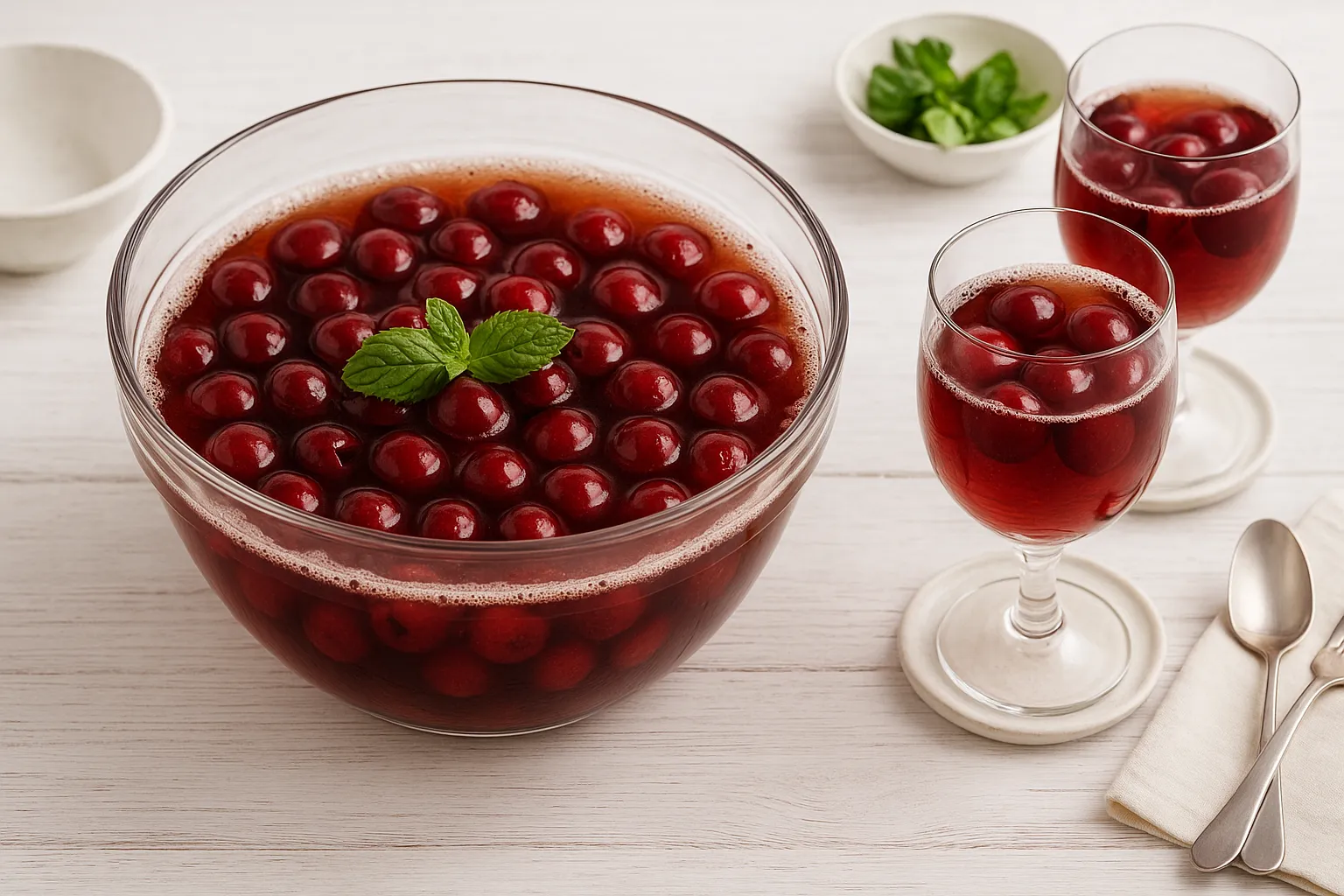 Bierbowle mit Sauerkirschen in einer großen Glasschale, dekoriert mit Minze und modernen Gläsern auf weißem Holztisch