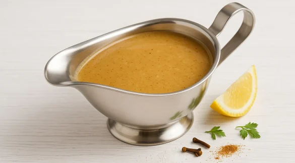 Cremige Biersoße in einer glänzenden Edelstahlsauciere auf weißem Holzhintergrund, dekoriert mit Zitronenspalte und Streugewürzen.