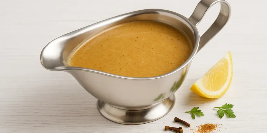 Cremige Biersoße in einer glänzenden Edelstahlsauciere auf weißem Holzhintergrund, dekoriert mit Zitronenspalte und Streugewürzen.