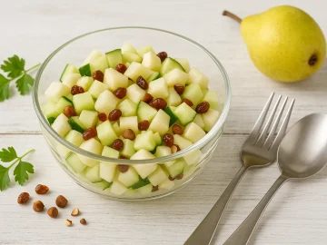 Moderne Glasschüssel mit Birnen-Gurken-Salat, dekoriert mit Sultaninen und Haselnüssen auf weißem Holzhintergrund