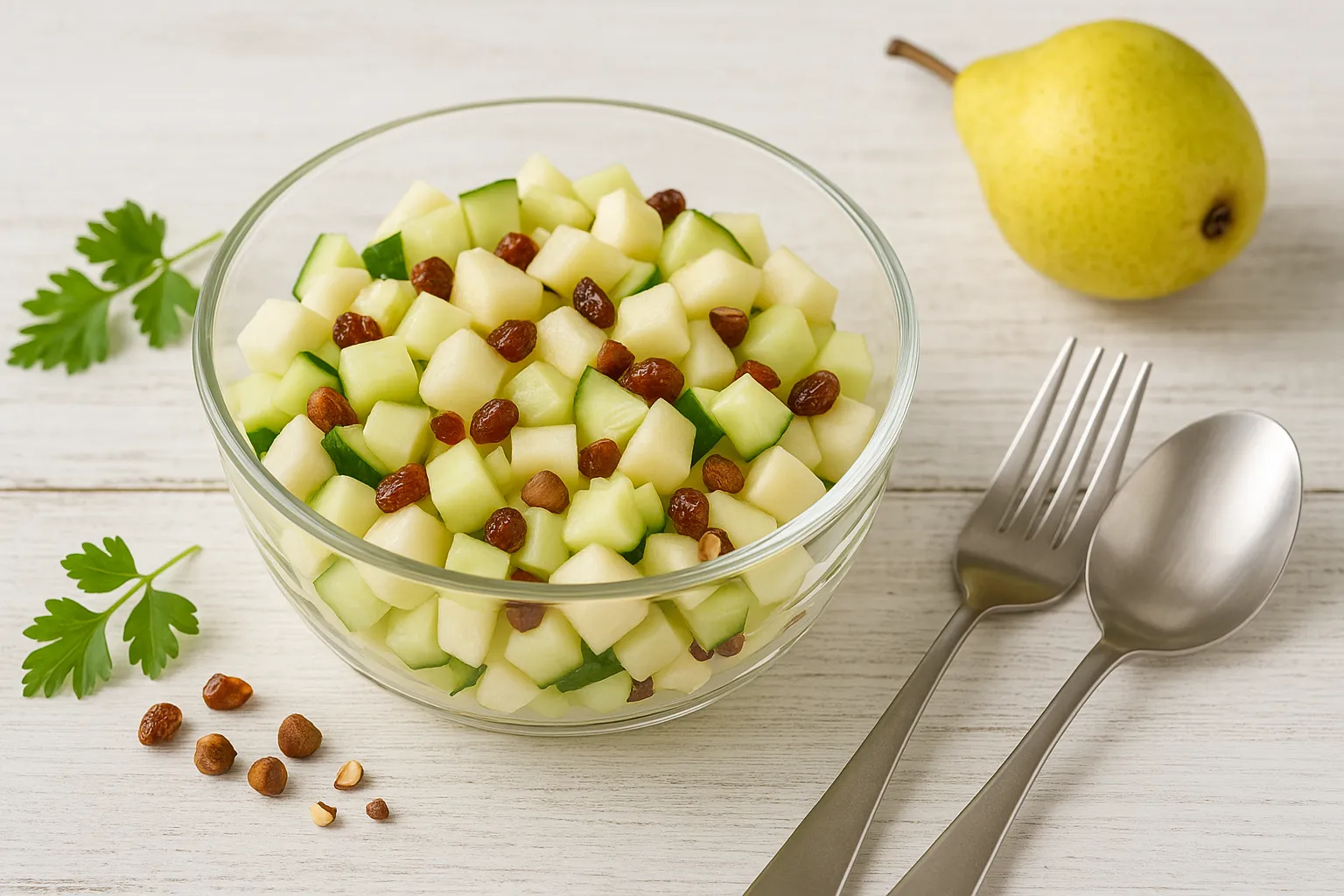 Moderne Glasschüssel mit Birnen-Gurken-Salat, dekoriert mit Sultaninen und Haselnüssen auf weißem Holzhintergrund