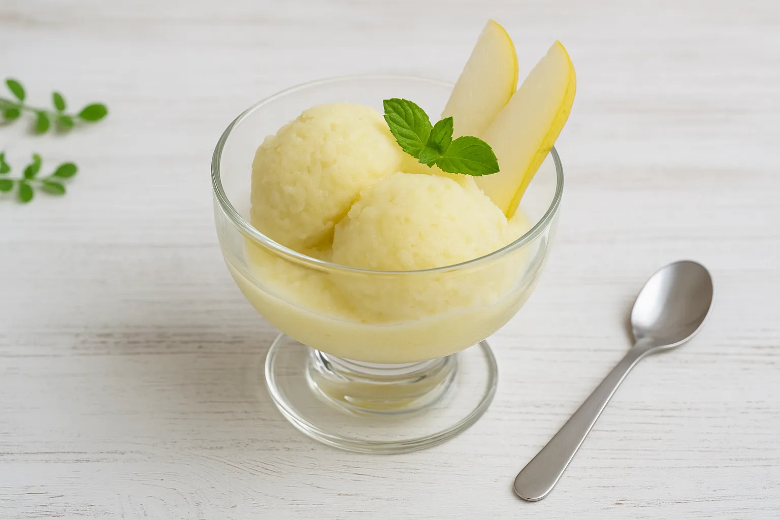 Birneneis cremig serviert in Glasschale mit Birnenspalten und Minze auf Holzhintergrund