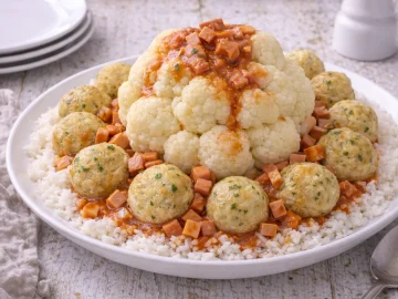 Blumenkohl mit Semmelklößchen und Tomaten-Wurst-Soße auf Reis auf weißem Teller auf weißem Holzhintergrund