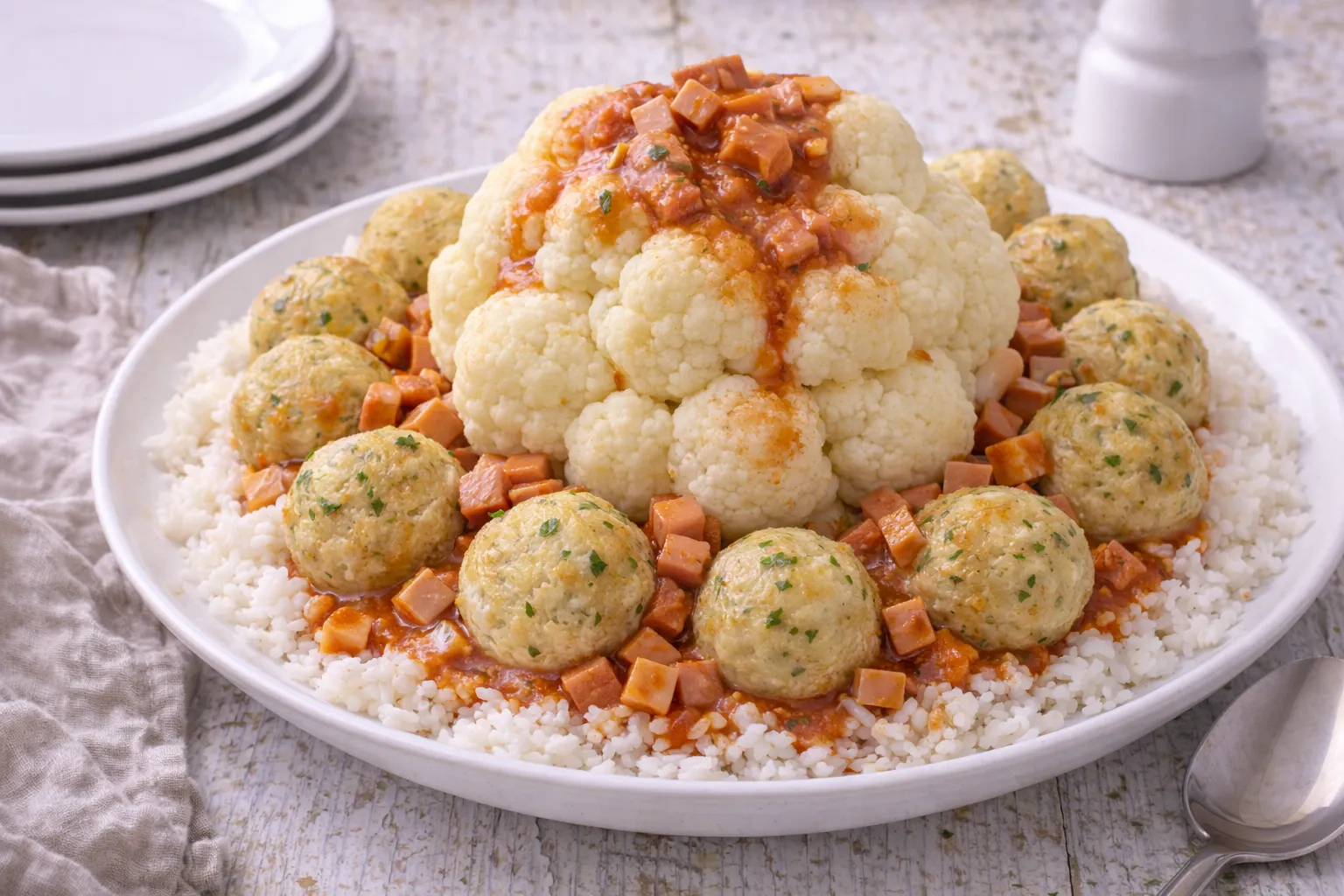 Blumenkohl mit Semmelklößchen und Tomaten-Wurst-Soße auf Reis auf weißem Teller auf weißem Holzhintergrund