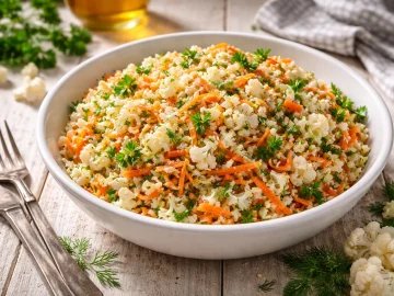 Frischer Blumenkohl-Karotten-Salat mit Dill und Petersilie in weißer Schüssel auf rustikalem Holztisch
