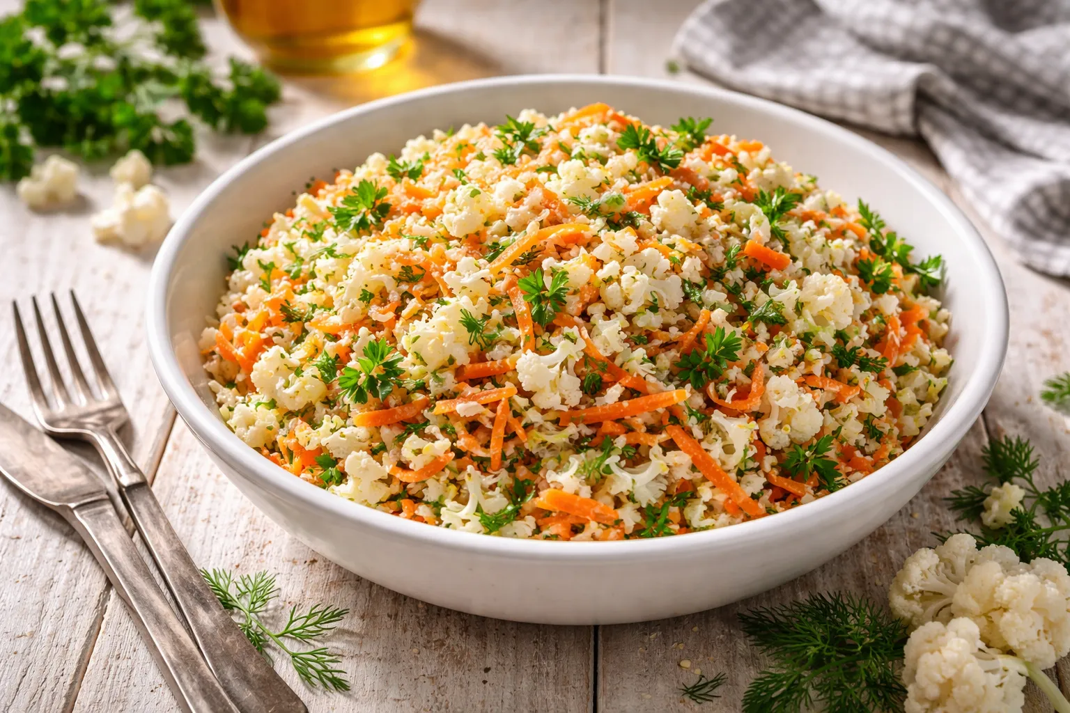 Frischer Blumenkohl-Karotten-Salat mit Dill und Petersilie in weißer Schüssel auf rustikalem Holztisch