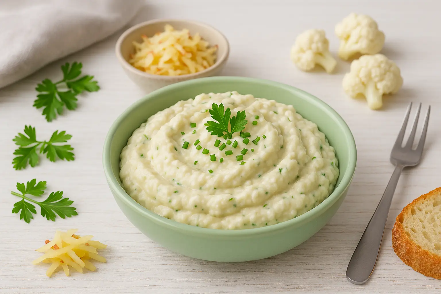  Blumenkohlpaste in grüner Schale, garniert mit Kräutern, Brot, Apfelraspeln und Blumenkohl auf weißem Holzhintergrund