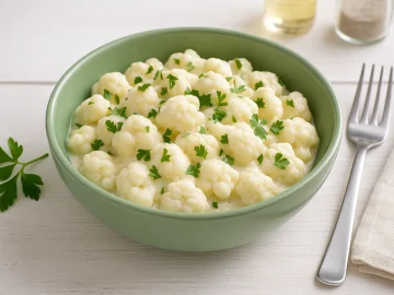 Blumenkohlsalat mit Mayonnaise in einer grünen Schüssel, garniert mit frischen Kräutern