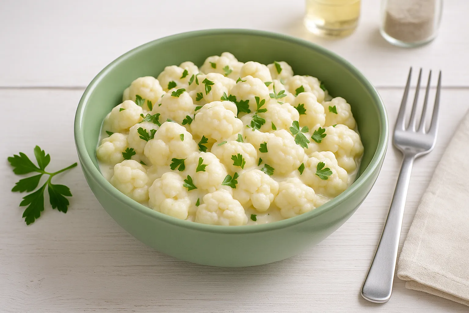 Blumenkohlsalat mit Mayonnaise in einer grünen Schüssel, garniert mit frischen Kräutern