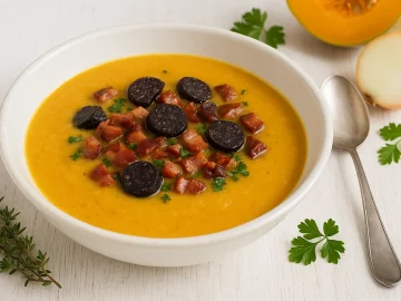 Böhmische Kürbissuppe in weißer Schüssel mit Blutwurst, Speck und Zwiebeln auf hellem Holztisch mit Besteck und Deko