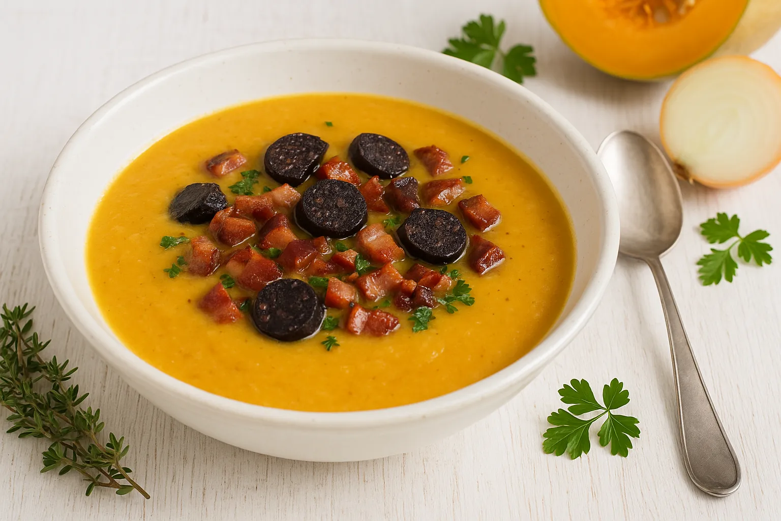 Böhmische Kürbissuppe in weißer Schüssel mit Blutwurst, Speck und Zwiebeln auf hellem Holztisch mit Besteck und Deko