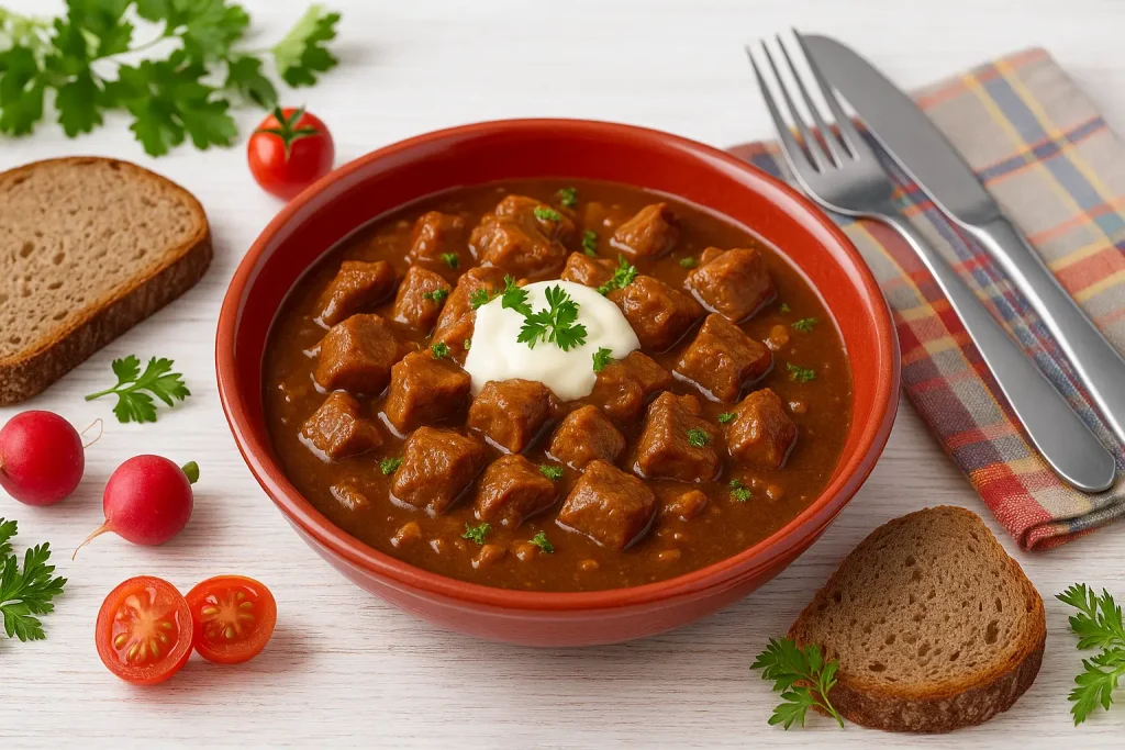  Böhmisches Bierfleisch mit Schweinefleisch, Bier-Soße, Schmand und Brot auf rotem Teller, daneben Kräuter, Gemüse, Besteck im Breitformat auf weißem Holz.