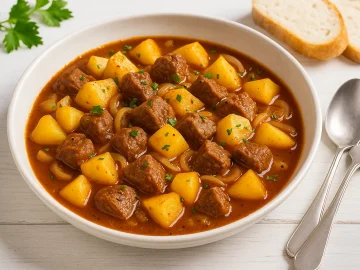 Teller mit Böhmischem Fleisch, Hammelwürfeln, Kartoffeln und Zwiebeln in kräftiger Sauce