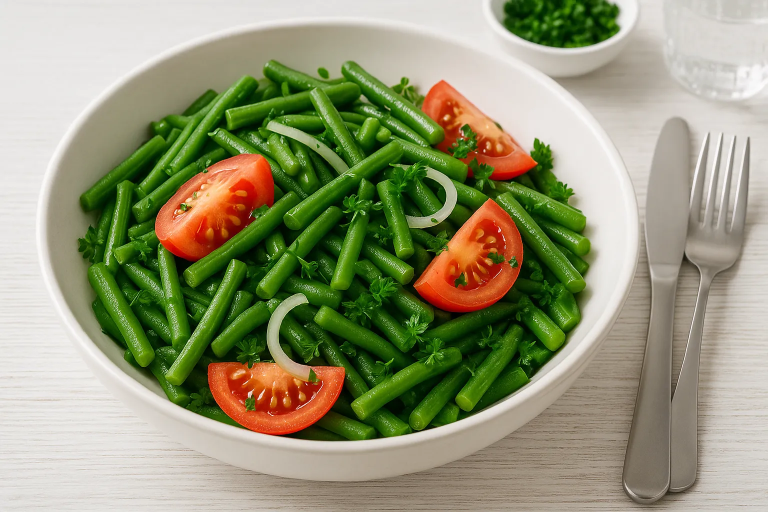 Bohnen-Tomaten-Salat mit grünen Bohnen, Tomaten, Zwiebeln und Petersilie in einer weißen Schüssel serviert