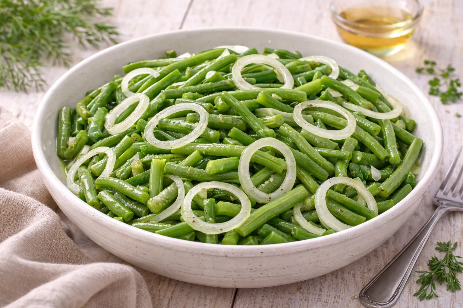 Grüner Bohnensalat mit Zwiebelscheiben und Essig-Öl-Dressing in weißer Schüssel