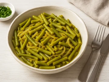 Rustikale weiße Schüssel mit Bohnensalat aus grünen Bohnen, Curry und Zwiebeln, dekoriert mit Besteck auf hellem Holzhintergrund