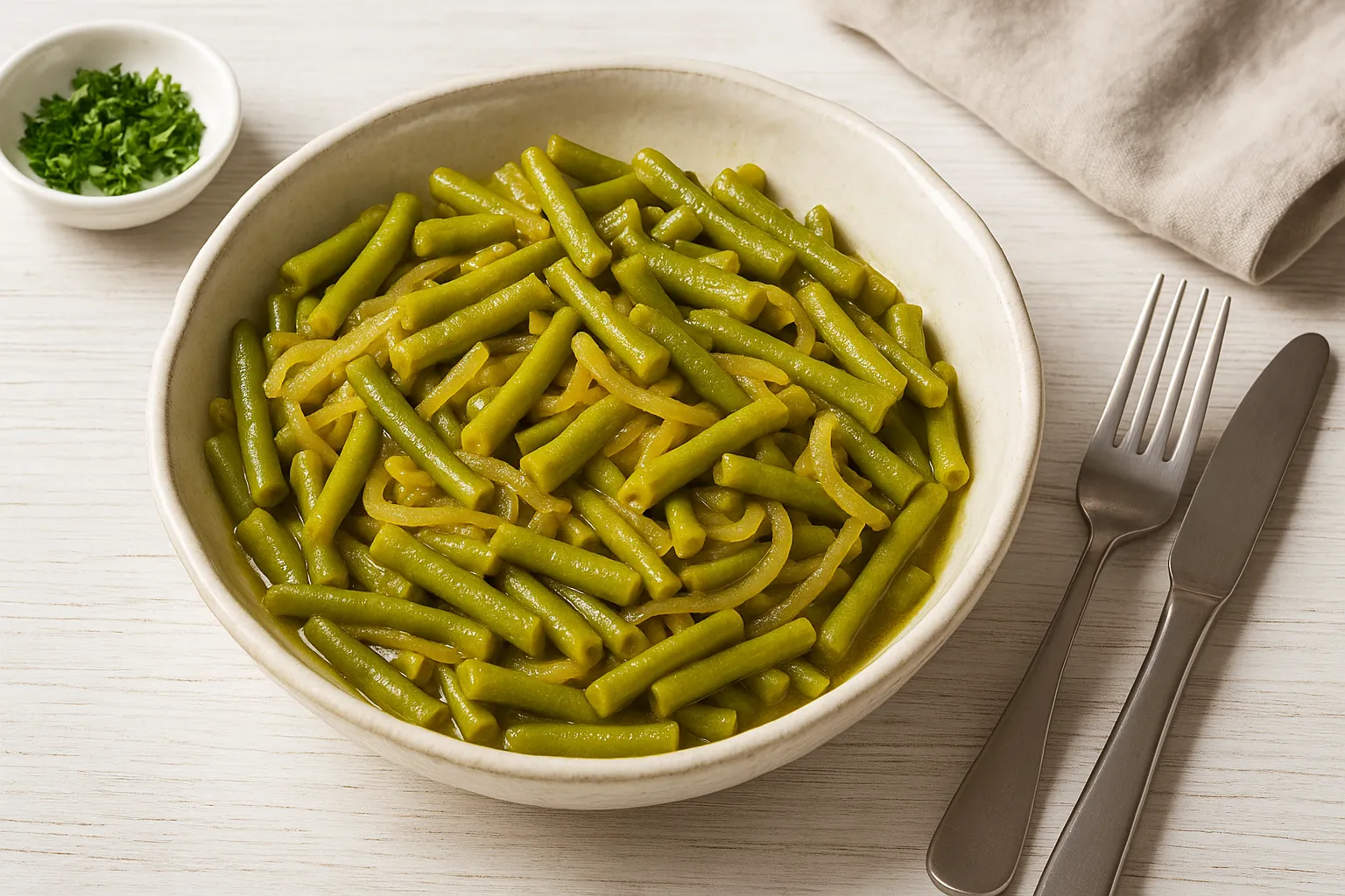 Rustikale weiße Schüssel mit Bohnensalat aus grünen Bohnen, Curry und Zwiebeln, dekoriert mit Besteck auf hellem Holzhintergrund
