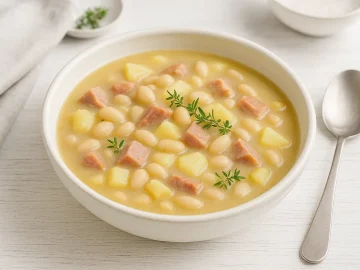 Tiefe Schüssel mit Bohnensuppe, Kasslerstücken, Kartoffeln und Bohnenkraut auf weißem Holzhintergrund