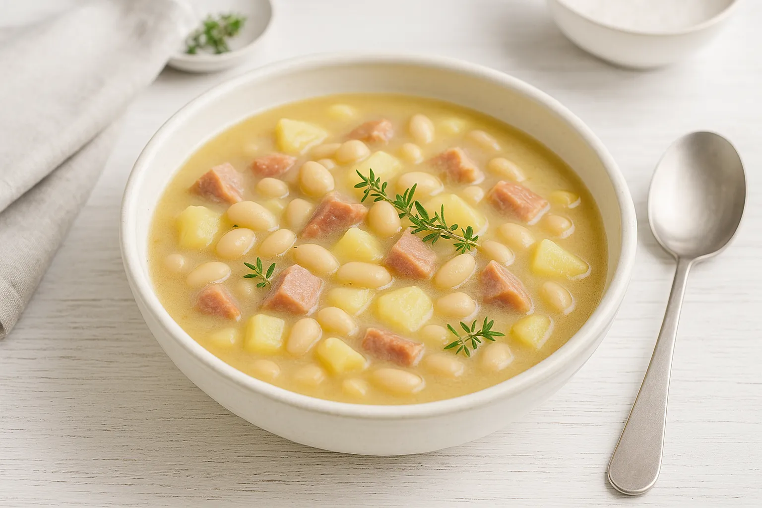 Tiefe Schüssel mit Bohnensuppe, Kasslerstücken, Kartoffeln und Bohnenkraut auf weißem Holzhintergrund