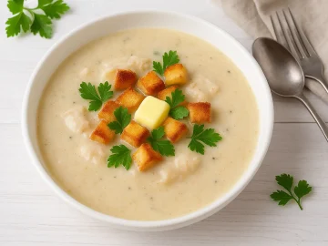 Brandenburger Fischsuppe in weißem Teller, garniert mit Semmelwürfeln, Butterflöckchen und Petersilie