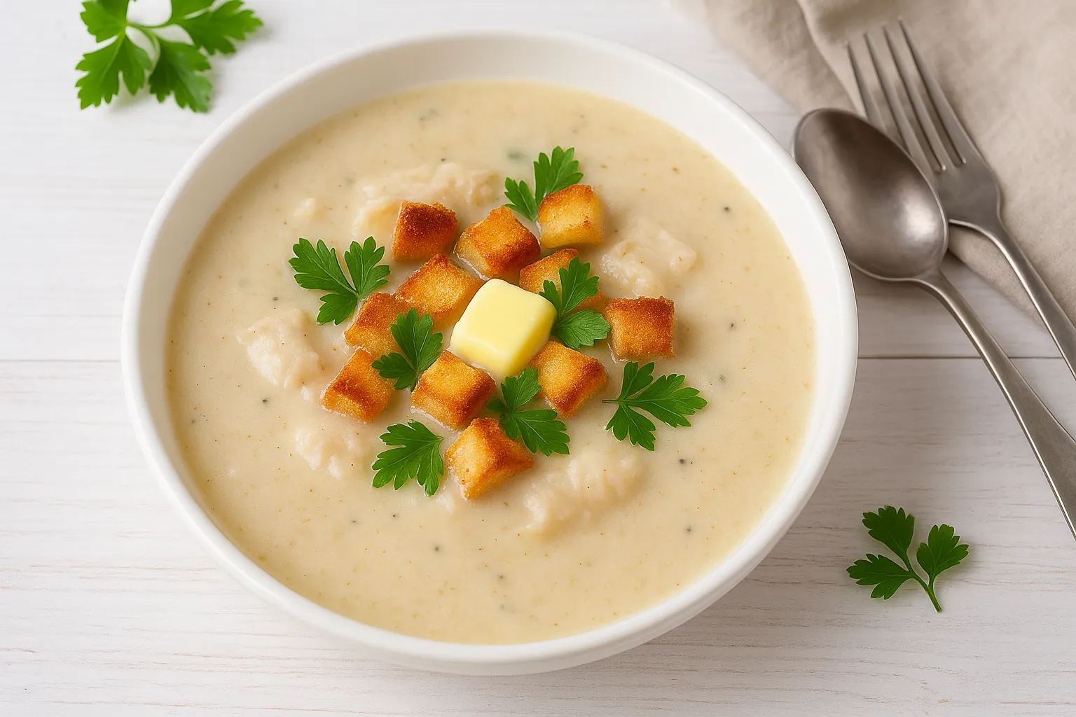 Brandenburger Fischsuppe in weißem Teller, garniert mit Semmelwürfeln, Butterflöckchen und Petersilie