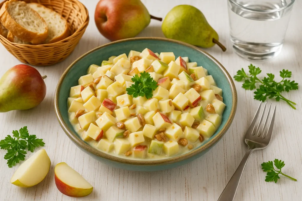  Brandenburger Käsesalat mit Emmentaler, Obst und Mandeln in rustikaler Schale, dekoriert mit Petersilie auf hellem Holztisch.