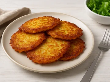 Brandenburger Kartoffelpuffer auf weißem Teller, goldbraun gebraten, serviert mit Salat und Besteck auf hellem Holztisch