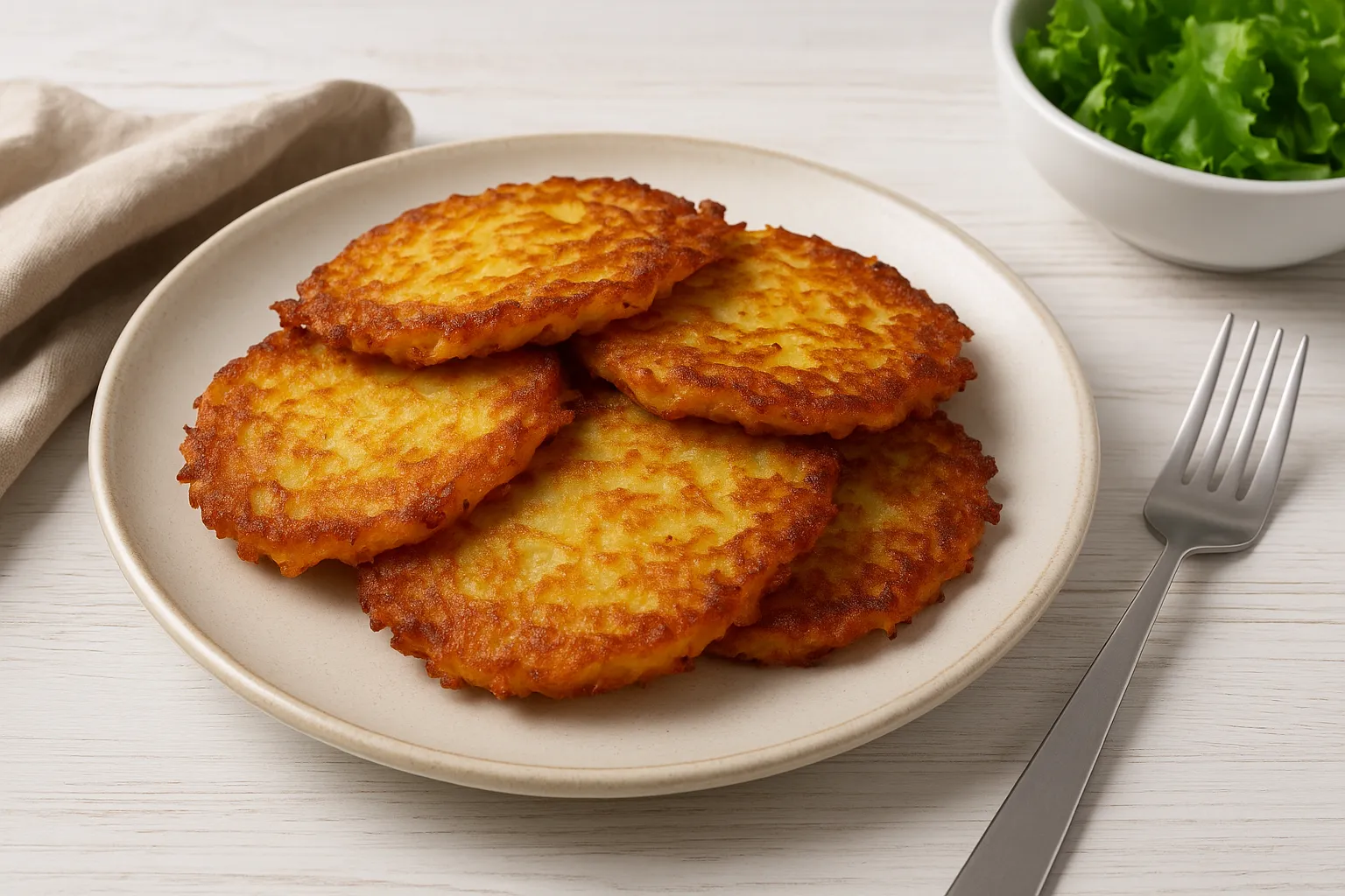 Brandenburger Kartoffelpuffer auf weißem Teller, goldbraun gebraten, serviert mit Salat und Besteck auf hellem Holztisch