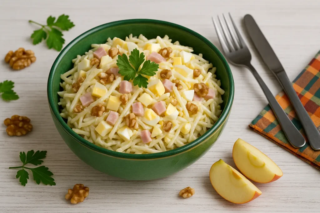  Selleriesalat mit Kaßler, Ei, Apfel und Nüssen, serviert in grüner Schüssel auf weißem Holztisch, garniert mit Kräutern.