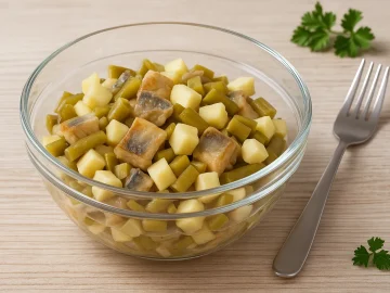 Bratheringssalat mit Heringsstücken, Apfelwürfeln und sauren Bohnen in einer klaren Glasschüssel auf hellem Holzhintergrund.